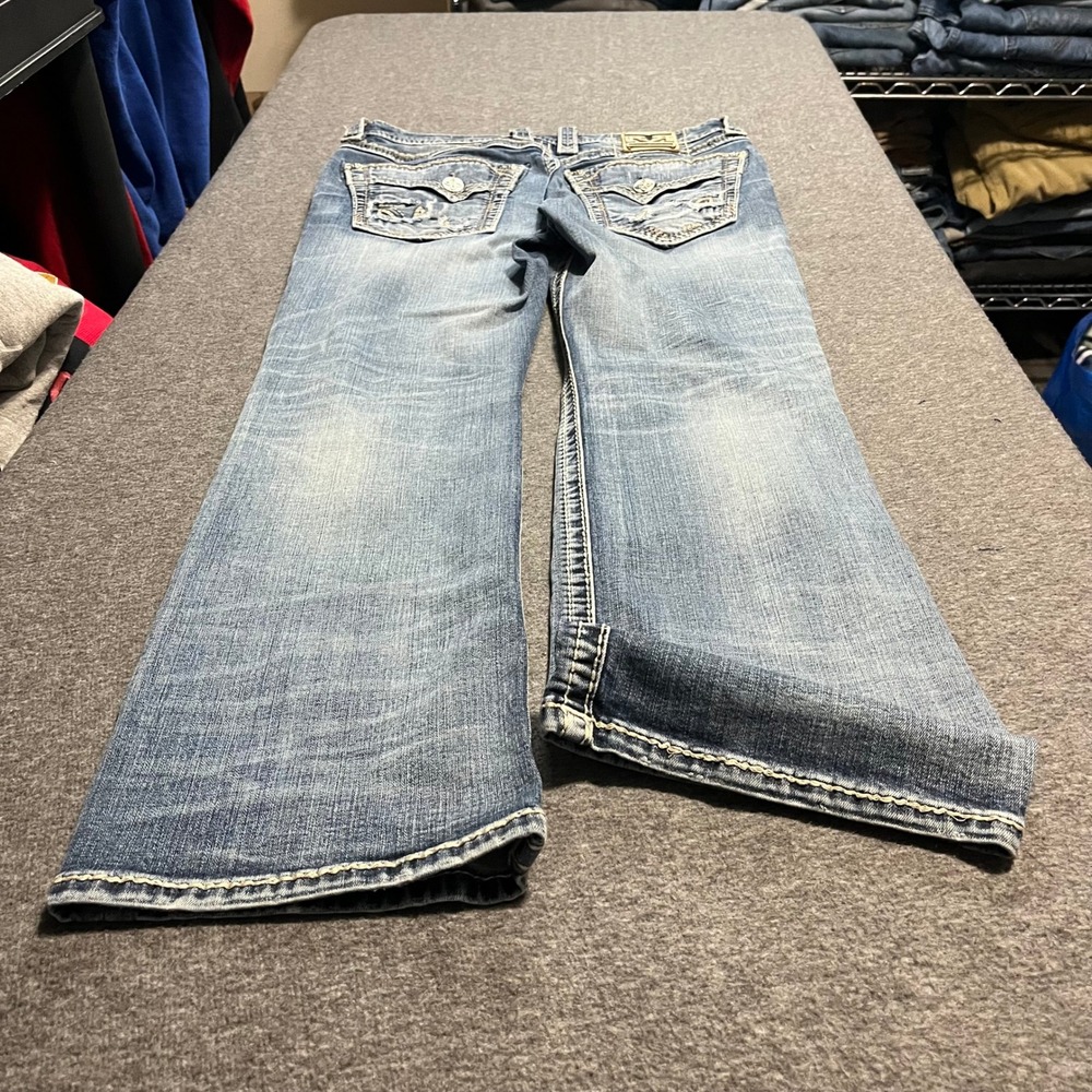 Rock Revival Scarab Boot Cut Distressed Jeans Mens 33x31 Medium Wash Fleur DeLis